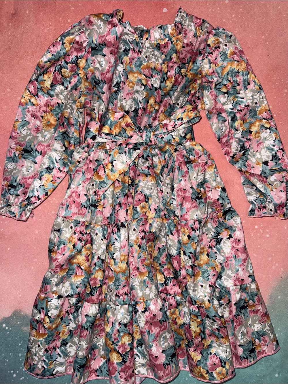 Girls Pink Multi Floral Tiered Dress with Tie Waist 5